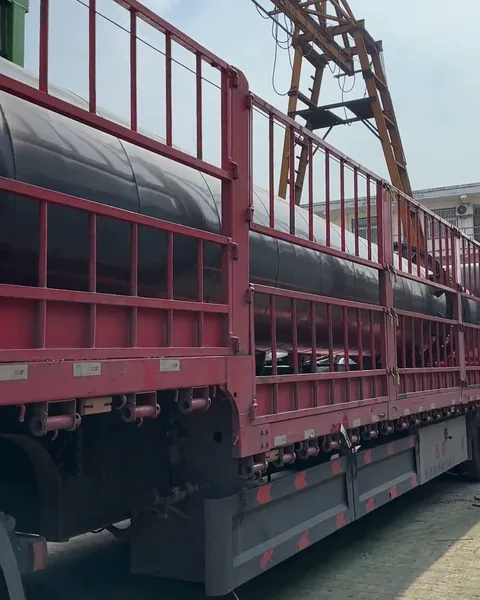 Long steel cylindrical equipment on a truck below a yard hoist.