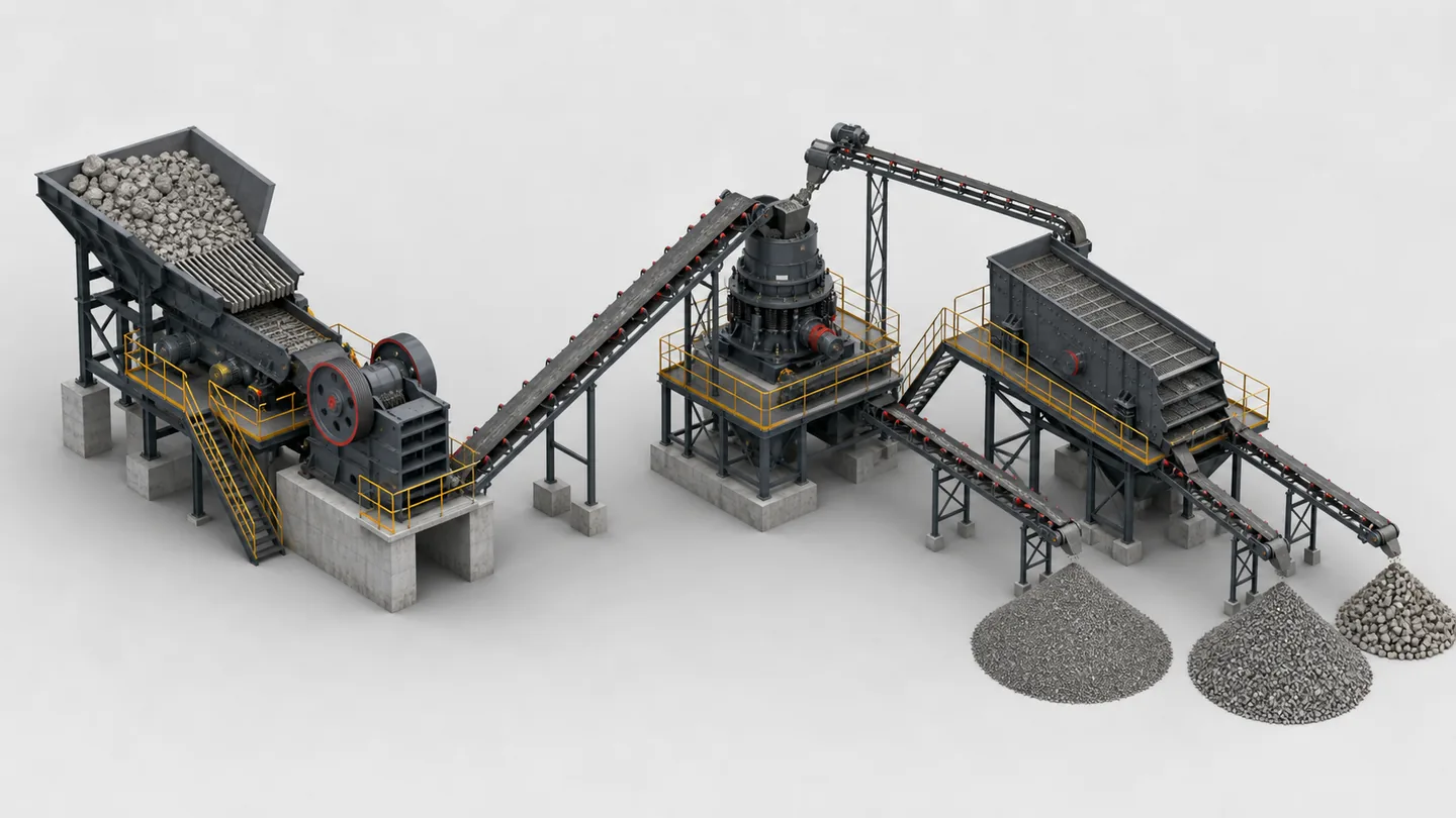 Conceptual sand and aggregate crushing and screening line, with hopper and feeder at left, jaw crusher, cone crusher, vibrating screen and belt conveyors